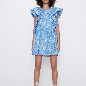 PRINTED BLUE FLORAL DRESS WITH FRILLS